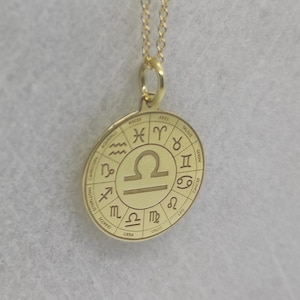 Libra Zodiac Necklace, 14K Real Solid Gold Pendant, Libra Astrology Pendant, Zodiac Sign Necklace, Engraved Libra Charm, Gold Coin Necklace