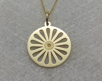 Flower Necklace, 14K Solid Gold Pendant, Gold Flower Charm, Dainty Gold Necklace, Gold Coin Necklace, Flower Jewelry, Engraved Flower Charm