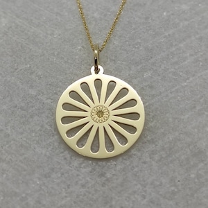 Flower Necklace, 14K Solid Gold Pendant, Gold Flower Charm, Dainty Gold Necklace, Gold Coin Necklace, Flower Jewelry, Engraved Flower Charm