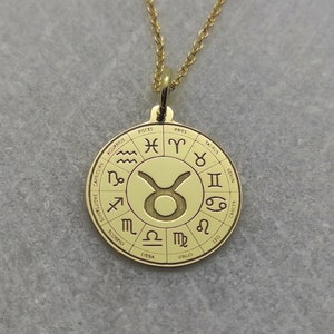 Taurus Sign Pendant, Zodiac Sign Necklace, 14K Solid Gold Necklace, Astrology Sign Pendant, Taurus Gold Charm, Engraved Taurus Necklace