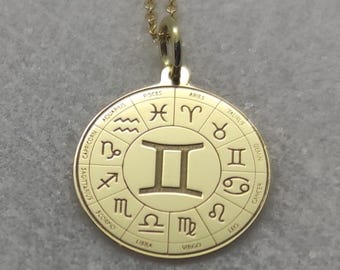 Collar con colgante del signo zodiacal Géminis en oro de 14 quilates, colgante con símbolo astrológico, medallón grabado con el signo Géminis, colgante con carta astral del horóscopo, joyería Géminis.