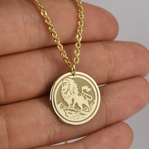 14K Solid Gold Lion of Judah Necklace, Lion King Pendant, King of the Jungle Jewelry, Leo Zodiac Sign Charm, Personalized Lion Disc Gift