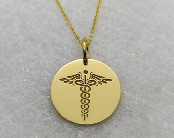 Real 14K Solid Gold Medic Necklace, Personalized Nurse Pendant, Engraved Medical Alert Charm, Gold Disc Necklace Medic, Dainty Gold Necklace