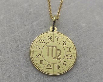 14K Gold Virgo Zodiac Necklace, Astrology Jewelry Pendant, Maiden Sign Engraved Medallion, Horoscope Birth Chart Pendant, Virgo Jewelry