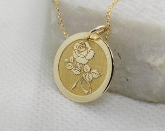 14K Solid Gold Rose Flower Pendant, Personalized Rose Charm, Gold Flower Coin Pendant, Engraved Rose Flower Disc Necklace, Women Jewelry