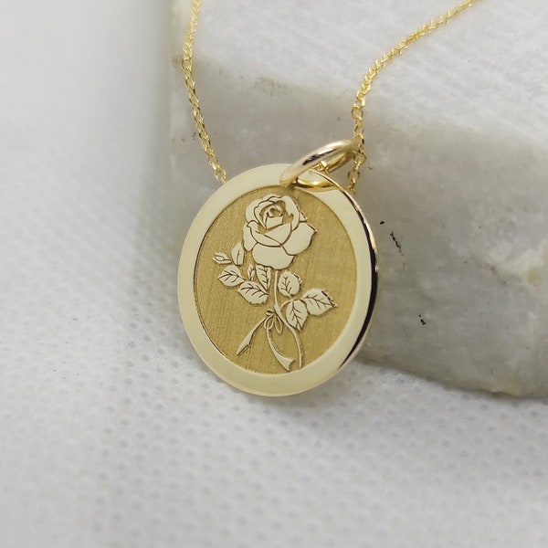 14K Solid Gold Rose Flower Pendant, Personalized Rose Charm, Gold Flower Coin Pendant, Engraved Rose Flower Disc Necklace, Women Jewelry