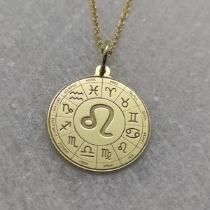 Naszyjnik ze znakiem zodiaku Lew, Naszyjnik ze znakiem zodiaku, Wisiorek ze znakiem astrologicznym, Złoty naszyjnik ze znakiem zodiaku Lew, Grawerowany wisiorek ze znakiem zodiaku Lew, Spersonalizowany wisiorek, Wisiorek z dyskiem