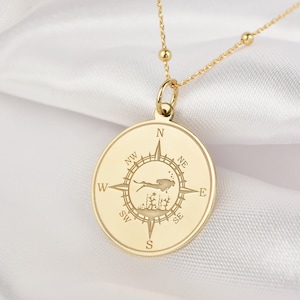 14K Solid Gold Scuba Diving Jewelry, Personalized Compass Coin Pendant, Dainty Diver Compass Charm, Gold Engraved Compass Disc Necklace