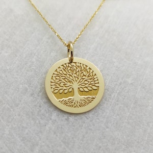 Real 14K Solid Gold Tree of Life Necklace, Personalized Family Tree Pendant, Gold Disc Tree of Life Charm, Engraved Tree Charm, Women Charm