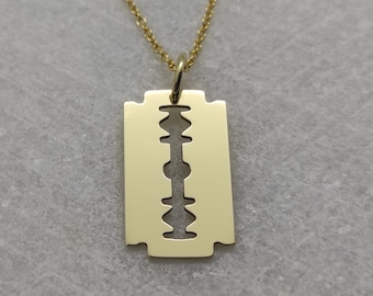 Blade Pendant, 14k Solid Gold Necklace, Razor Blade Charm, Engraved Blade Necklace, Personalized Pendant, Razor Pendant, Vintage Razor Charm