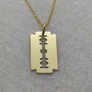 Blade Pendant, 14k Solid Gold Necklace, Razor Blade Charm, Engraved Blade Necklace, Personalized Pendant, Razor Pendant, Vintage Razor Charm