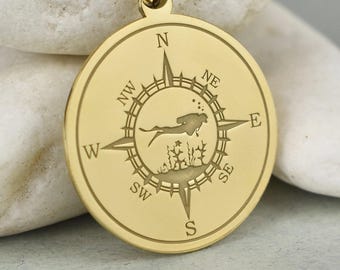 14K Solid Gold Diver Compass Necklace, Scuba Diving Pendant, Ocean Adventure Charm, Underwater Explorer Jewelry, Travel Symbol Medallion