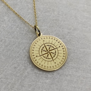 14K Solid Gold Compass Necklace, Engraved Compass Jewelry, Gold Disc Compass Pendant, Personalized Compass Charm, Navigation Compass Jewelry