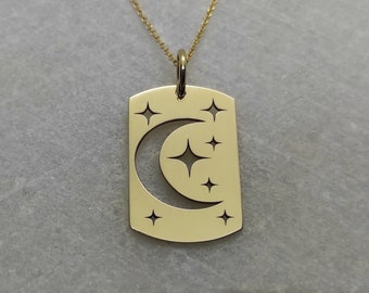 Celestial Necklace, 14K Gold Pendant, Moon and Stars Charm, Engraved Moon Pendant, Gold Tag Pendant, Celestial Jewelry, Gold Stars Pendant