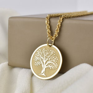 14K Solid Gold Tree of Life Necklace, Family Tree Disc Pendant, Gold Tree Disc For Men, Personalized Tree Charm, Custom Tree Necklace