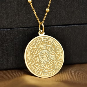 14K Solid Gold Seven Archangels Coin Pendant: Seal of Solomon Necklace