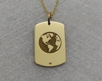 14K Gold World Map Necklace, Gold Earth Necklace Globe Pendant, Traveler Necklace, World Charm, Gold Coin Necklace, Personalized Pendant