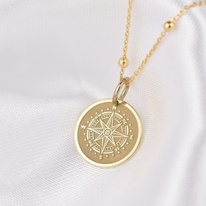 14K Solid Gold Compass Jewelry, Personalized Compass Charm, Gold Engraved Compass Coin Pendant, North Star Compass Necklace, Navigation Gift