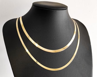 Gold Herringbone Chain, Real Gold Snake Necklace, Flat Snake Necklace For Women, Herringbone Jewelry, Gold Snake Choker, Layering Necklace