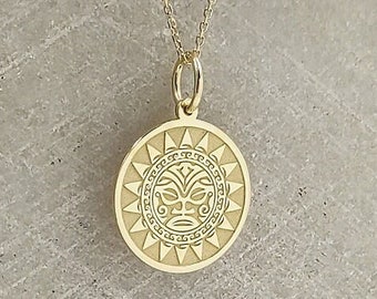 14K Solid Gold Maori Face Necklace, Gold Maori Sun Pendant, Personalized Polynesian Jewelry, Talisman Charm, Protective Symbol Pendant