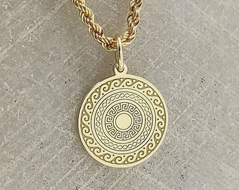 14K Solid Gold Meander And Wave Necklace, Gold Greek Border Disc Pendant, Personalized Ancient Greek Jewelry, Circular Ornament Pendant