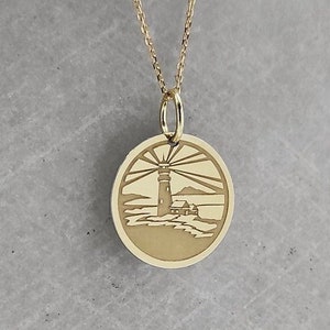 9K Solid Gold Lighthouse Pendant, Gold Disc Lighthouse Slide Necklace, Personalized Sailor Jewelry, Nautical Pendant, Lighthouse Necklace