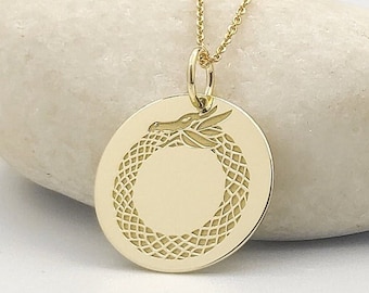 14K Solid Gold Ouroboros Necklace, Dragon Disc  Pendant, Personalized Mythology Jewelry, Engraved Ouroboros Charm, Ouroboros Dragon Pendant