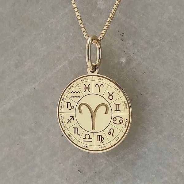 14K Real Solid Gold Aries Necklace, Dainty Astrology Sign Coin Pendant, Personalized Zodiac Disc Charm, Zodiac Sign Jewelry, Aries Necklace
