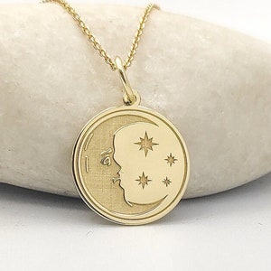 14K Real Gold Crescent Moon Necklace, Gold Coin Moon Pendant, Personalized Celestial Jewelry, Gold Stars Charm, Stars And Moon Necklace