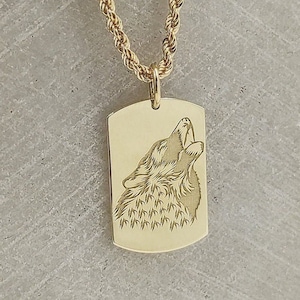 14K Solid Gold Howling Wolf Dog Tag Pendant, Gold Wolf Necklace, Personalized Dog Tag Jewelry, Engraved Wolf Charm, Wild Animal Necklace