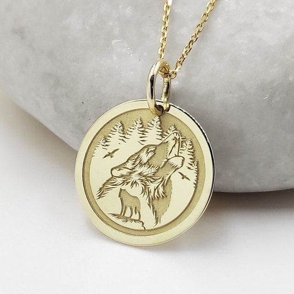 14K Real Solid Gold Howling Wolf Necklace, Gold Wolf Coin Pendant, Dainty Nature Disc Charm, Personalized Wolf Jewelry, Forest Necklace