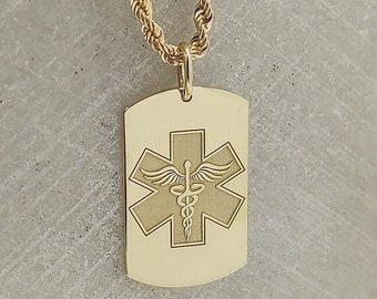 14K Solid Gold Medical Alert ID Necklace, Engraved Medic Dog Tag Pendant, Personalized Medic ID Dog Tag Jewelry, Gold Emergency Necklace