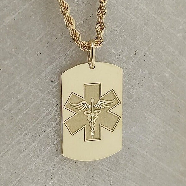 14K Solid Gold Medical Alert ID Necklace, Engraved Medic Dog Tag Pendant, Personalized Medic ID Dog Tag Jewelry, Gold Emergency Necklace