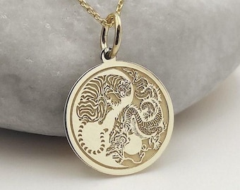 14K Gold Tiger Dragon Yin Yang Necklace, Chinese Jewelry, Tiger Dragon Engraved Medallion, Tao Balance Amulet Pendant, Yin Yang Jewelry