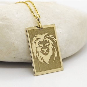 14K Real Gold Lion Pendant, Dainty Rectangle Lion Necklace, Lion Head Jewelry, Personalized Lion Charm, 14K Yellow Gold Lion Disc Men Gifts