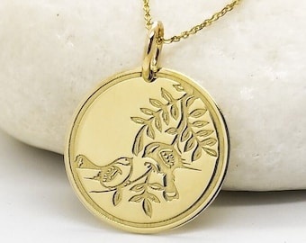 14K Real Gold Bird Nest Disc Pendant, 14K Solid Gold Birds Necklace, Dainty Bird Charm Jewelry, Bird Lover Gift, Personalized 14K Bird Gift