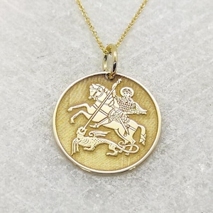 14K Solid Gold Saint George Pendant, Personalized Saint George Necklace, Dainty Religious Gold Jewelry, Gold Greek St George Coin Necklace