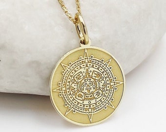 14K Gold Aztec Calendar Necklace, Gold Aztec Holographic Pendant, Mayan Calendar Coin Jewelry, Aztec Sun Stone Charm, Ancient Mexican Gift