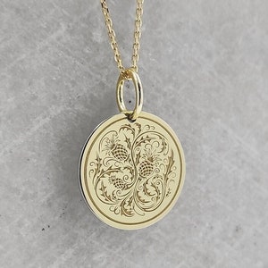 14K Solid Gold Scottish Thistle Pendant, Thistle Disc Necklace, Personalized Thistle Jewelry, Symbolic Celtic Flower Charm, Thistle Necklace