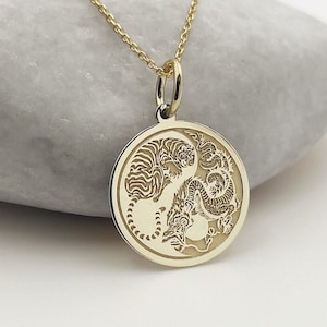 14K Real Gold Yin Yang Dragon And Tiger Necklace, Gold Yin Yang Disc Pendant, Personalized Chinese Jewelry, Engraved Dragon And Tiger Charm