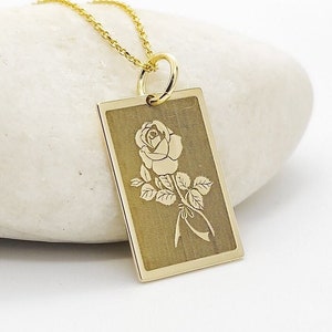 14K Real Gold Rose Flower Pendant, Gold Rose Necklace, Personalized Rose Disc Charm, Square Rose Flower Jewelry, Dainty Anniversary Gift