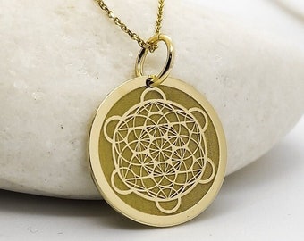 14K Solid Gold Flower of Life Pendant Necklace: Engravable Charm