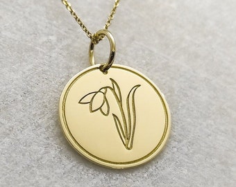 9K Solid Gold January Flower Necklace, Gold Snowdrop Birthflower Pendant, Personalized Birth Month Jewelry, Snowdrop Flower Disc Pendant