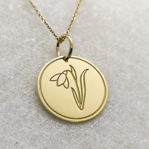 9K Solid Gold January Flower Necklace, Gold Snowdrop Birthflower Pendant, Personalized Birth Month Jewelry, Snowdrop Flower Disc Pendant