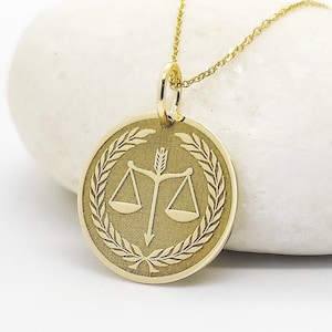 14K Solid Gold Scales Of Justice Necklace, Lawyer Pendant, Dainty Scale Of Justice Disc Necklace, Justice Jewelry, Gold Libra Scale Charm