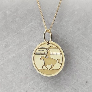 14K Solid Gold Horse Riding Necklace, Gold Disc Horse Rider Pendant, Dainty Equestrian Competition Jewelry, Personalized Cowboy Charm