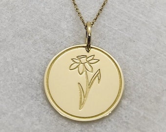 9K Solid Gold Daffodil Flower Jewelry, Dainty Birthmonth Flower Coin Necklace, Personalized Daffodil Birthflower Disc Charm, March Pendant