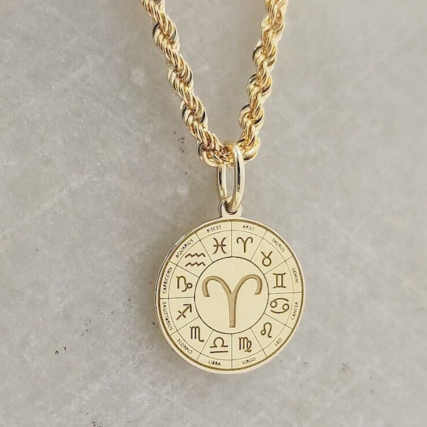 14K echt gouden sterrenbeeld sieraden, gepersonaliseerde Ram teken munt charme, sierlijke astrologie teken schijf hanger, 14K gouden Ram teken ketting