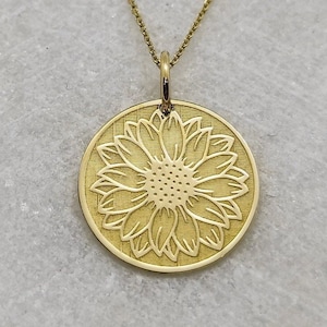 9K Solid Gold Sonnenblume Anhänger, Gold Blumen Halskette, Sonnenblume Samen Scheibe Charme, Sonnenblume Schmuck, zierliche Sonnenschein Blume Halskette