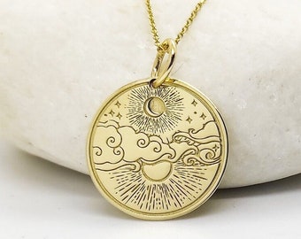 14K Real Gold Celestial Disc Pendant, 14K Solid Gold Sun and Moon Necklace, Personalized Sun and Moon Jewelry, Dainty 14K Gold Sun Charm